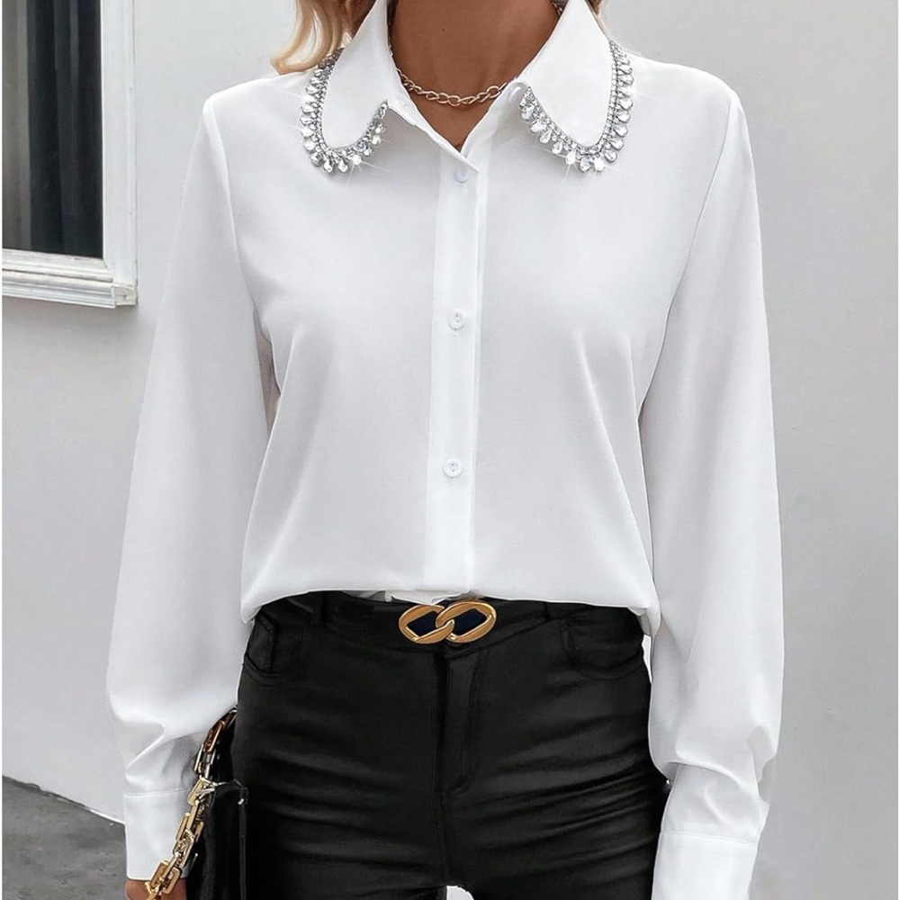Elegant White Women's Top with Embellished Collar ~ Perfect for the holidays!